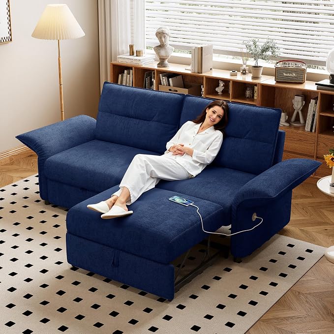 85" Pull Out Sofa Bed Full Size, Pre-Assembled Flannel Sleeper Sofa, Convertible Loveseat Futon Couch, Adjustable Armrest with USB, Pillows, for Apartment, Living Room, Small Spaces, Blue