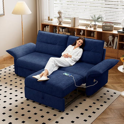 85" Pull Out Sofa Bed Full Size, Pre-Assembled Flannel Sleeper Sofa, Convertible Loveseat Futon Couch, Adjustable Armrest with USB, Pillows, for Apartment, Living Room, Small Spaces, Blue