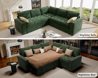 Vipbear 5 Seat L Shaped Modular Sectional Sleeper Sofa Bed with Pull Out Bed/Reclining Backrest/USB Ports/Storage Seat, Sectional Sleeper Couch, Tool-Free Assembly, Chenille Green