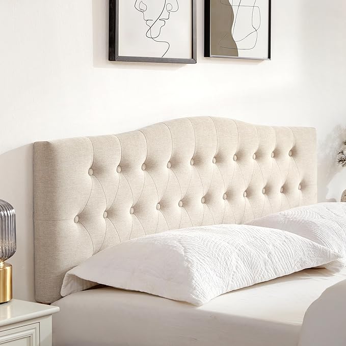 Tufted Headboard Queen Size, Solid Wood Adjustable Height Head Board, Beige | Upholstered Queen Headboard Only with Durable Solid Wood Legs, Adjustable Height 37-51 in, Fabric Button Diamond HeadBoards