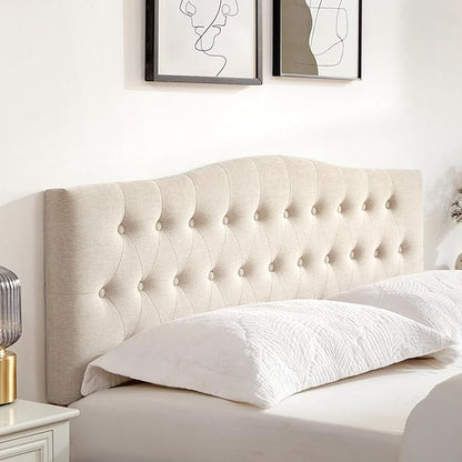 Tufted Headboard Queen Size, Solid Wood Adjustable Height Head Board, Beige | Upholstered Queen Headboard Only with Durable Solid Wood Legs, Adjustable Height 37-51 in, Fabric Button Diamond HeadBoards