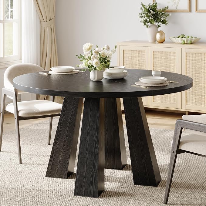 IDEALHOUSE 47" Round Dining Table for 4-6, Wood Kitchen Table with Sturdy Base, Farmhouse Circle Dinner Table for Dining Room, Living Room, 4 Strong Legs, Black