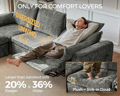 138.6'' Oversized Power Recliner Sofa with Headrest, Modular Cloud Sectional Couch with Convertible Table, Charging, Drawer, Cup Holder, 4-Seater with Storage Ottoman, Chenille, Grey