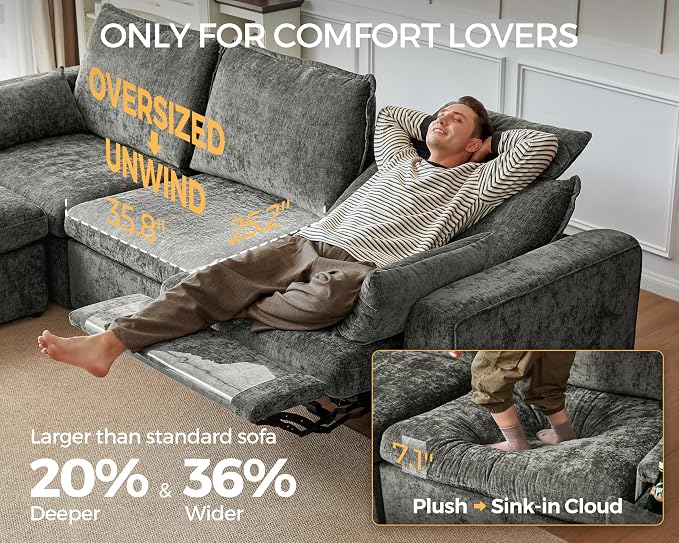 102.8'' Loveseat Power Recliner Sofa with Headrest, Oversized Cloud Modular Sectional Couch with Table, Drawer, Charging, 3-Seater with Storage Ottoman for RV Home Theater, Chenille, White