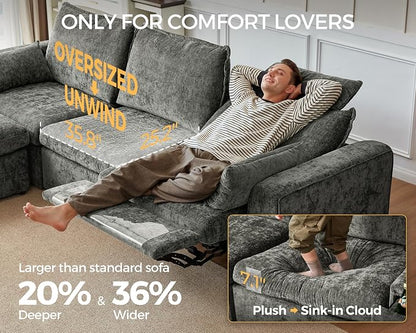 174.4'' Oversized Modular Power Recliner Sofa with Headrest, Deep Cloud Couch with Table, Charging Cup Holders, Convertible U-Shaped 6-Seater Sectional with 2 Storage Ottomans, Chenille, Grey