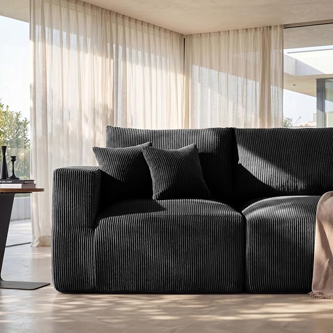 Modular Sectional Sofa Bed with Ottoman, 79" Memory Foam Cloud Couch, Boneless Loveseat Corduroy Upholstered Floor Couch, No Assembly Required Living Room Furniture for Apartment Bedroom, Black