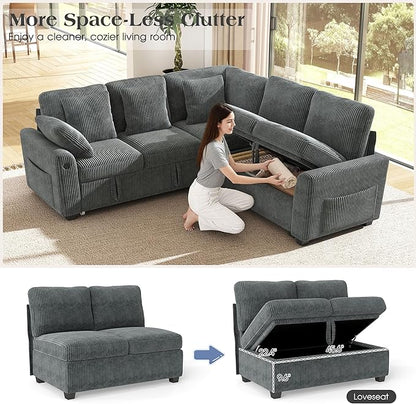 Ihanherry 83-inch 5-Seater Large Sectional Sofa Bed with Storage, Corduroy Reversible Modular Sleeper Sofa with USB Port & 4 Pillows, Convertible L-Shaped Couch for Living Room（Gray）