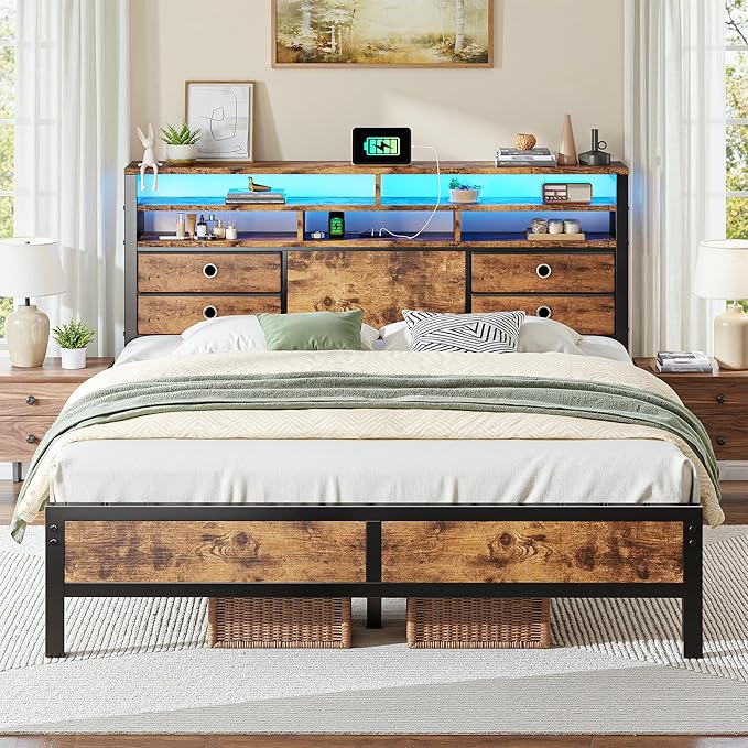 Homkdom Bed Frame Queen Size with 3-Tier Storage Headboard and 4 Drawers,Queen Platform Bed Frame with LED Lights & Charging Station,Metal Queen Bed,Noise-Free,Rustic Brown