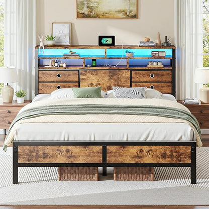 Homkdom Bed Frame Queen Size with 3-Tier Storage Headboard and 4 Drawers,Queen Platform Bed Frame with LED Lights & Charging Station,Metal Queen Bed,Noise-Free,Rustic Brown