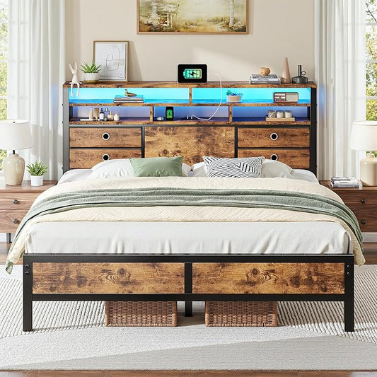 Homkdom Bed Frame Queen Size with 3-Tier Storage Headboard and 4 Drawers,Queen Platform Bed Frame with LED Lights & Charging Station,Metal Queen Bed,Noise-Free,Rustic Brown