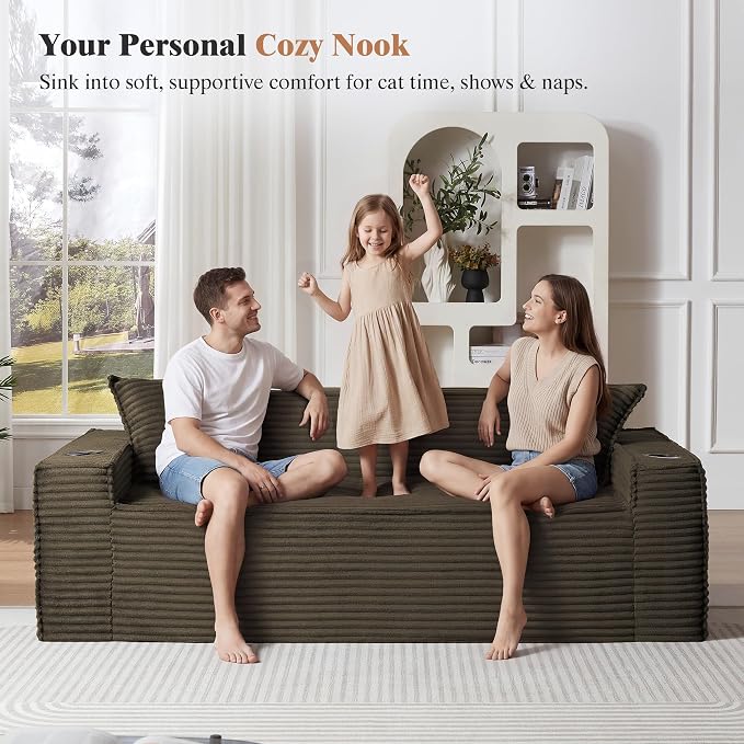 2 Pcs Living Room Cloud Sofa Set, Boneless Sofa Couches with Cup Holder with Side Pocket for Compact Living Rooms, Apartments (Brown, Single Chair and 3 Seat Sofa)