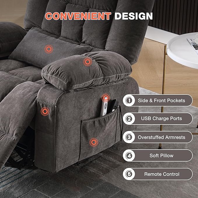 MAHOMICO Power Lift Recliner Chair for Elderly with Vibration Massage and Lumbar Heating, Electric Lift Recliner Single Sofa with Side Pocket and USB Charge Port for Living Room