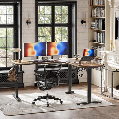TIQLAB 63 x 55 inch L Shaped Standing Desk Adjustable Height, Electric Corner Standing Desk, Sit Stand Computer Table with Splice Board, Rustic Brown