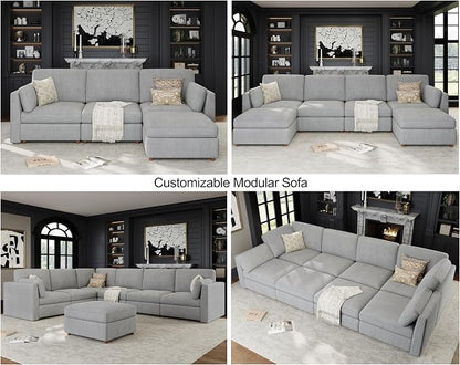 Oversized Modular Sectional Sofa U-Shaped Cloud Couches Gray | Large Deep Seat Couch for Living Room, 9 Seater Luxury Corner Sofa with Ottoman, Solid Wood Frame, Removable Washable Cover