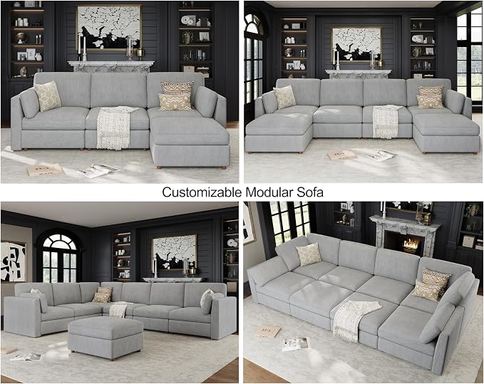 Oversized Modular Sectional Sofa L-Shaped Cloud Couches Gray | 116'' Deep Seat Couch for Living Room, 4-Seater Luxury Corner sofa with Ottoman, Solid Wood Frame, Removable Washable Cover
