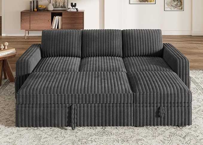 HONBAY Modular Sectional Sofa with Pull Out Bed,Corduroy L Shaped Sleeper Sofa with Storage, Sectional Couches for Living Room,Dark Grey