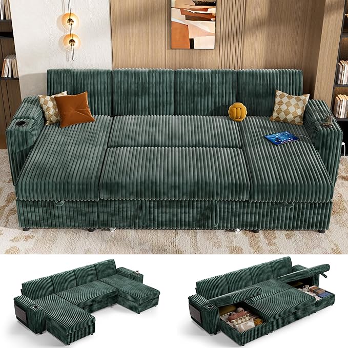 Vipbear 108" Modular Sectional Sleeper Sofa with Pull Out Bed, 4 Seat Plush Corduroy U Shaped Couch with USB Ports|Cup Holders|Side Table|Storage Chaise Armrests, Tool Free Assembly, Green