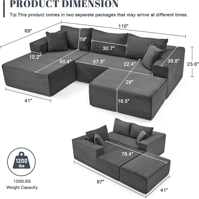 Mangodan 110” Cloud Sectional Couch, Modular Sectional Sofa with Deep Seat, Boneless Sofa for Living Room, Fluffy Comfy U-Shaped Couch with Left Facing Chaise, No Assembly Required, Grey