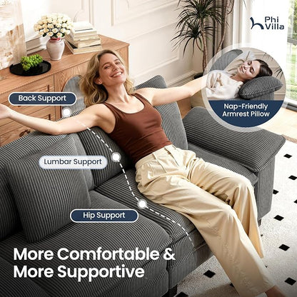 PHI VILLA Cloud Modular Couches Sets, 157.5" Sectional Sofa with Upholstered Deep Seat, 4-Seater Long Couches for Living Room Apartment, Corduroy Fabric, Grey