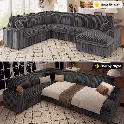 VanAcc 130" Sofa Bed, Sectional Sleeper Sofa with Pull Out Bed, Sleeper Couch for Living Room, 6 Seater Couch with Storage, Faux Fur Dark Grey