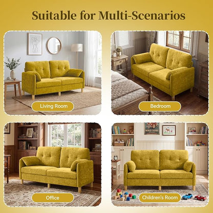 65" Loveseat Sofa, Mid Century Loveseat Couch for Living Room with Storage Pockets, Upholstered Small Loveseat for Small Spaces, Bedroom, Home Office, Apartments, Small Sofa Chenille Yellow