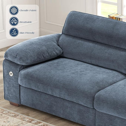 WorthFurni Sofas for Living Room, Chenille Pillow-Armrest Loveseat Couch Set, Small Sofa, 3 Seater Sofa, USB Charging, Removable Sofa Cover, Solid Wood Frame, Easy to Install (90.5 inch, Blue)