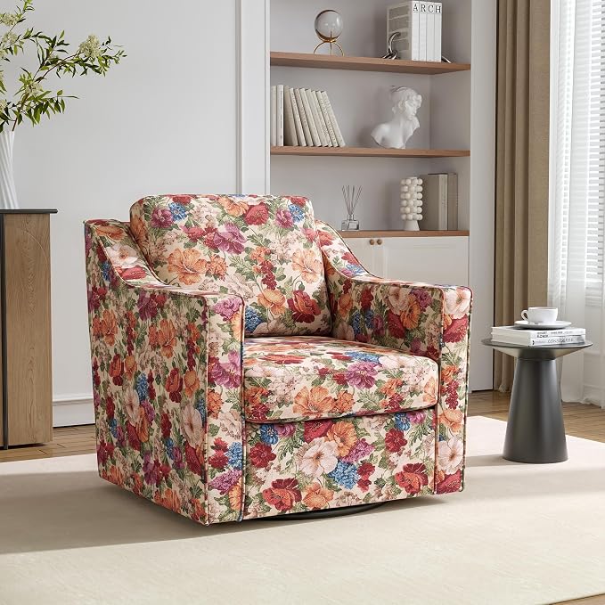 Swivel Accent Chair, 360° Swivel Upholstered Club Armchairs for Living Room, Comfy Fabric Single Sofa Reading Chair with Deep Seat, Metal Swivel Base, Beige Floral