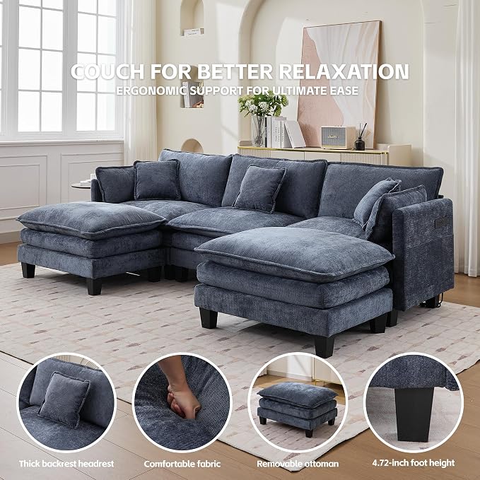 Opiesit Modular Sectional Sofa with Movable Ottoman, 110" 5-Seat Modern Couches for Living Room, Comfy U Shaped Couch Set with Deep Seat for Office and Apartment, Blue Chenille Fabric