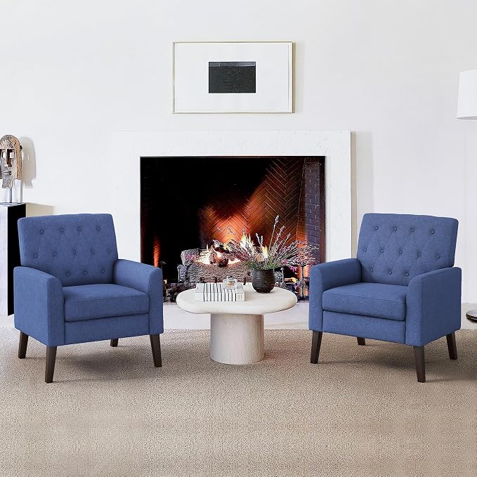 LUE BONA Navy Blue Linen Accent Chairs Set of 2 18.5" H, Button Tufted Arm Chairs, Comfy Living Room Chair with Arms, Upholstered Modern Armchair for Living Room, Bedroom