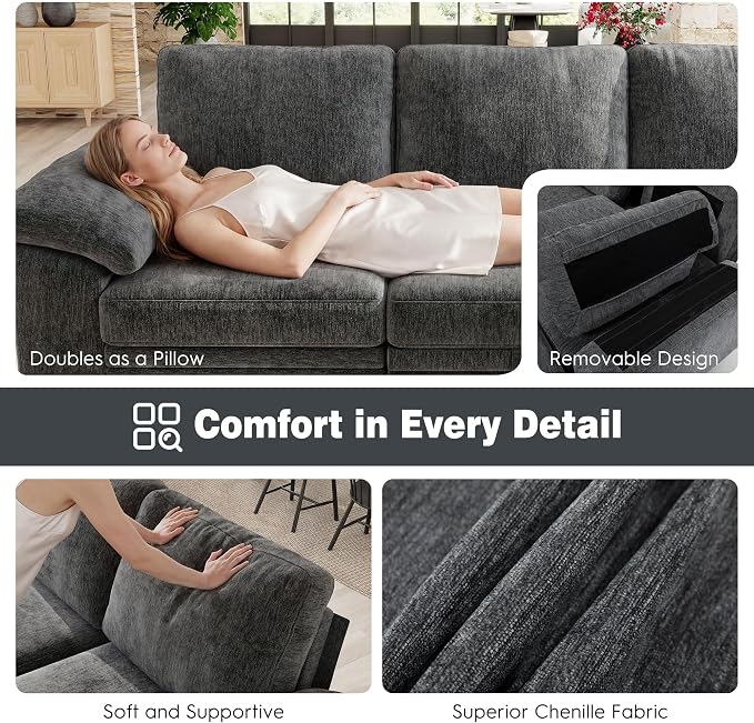 Ihanherry 86" Modular Sectional Sofa with Pull Out Bed, 4-Seater L Shaped Sectional Sleeper Couch with Storage Ottoman, Chenille Convertible Couches for Living Room, Apartment (Grey)