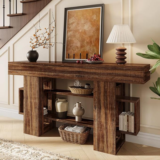 Einhomn 63 Inches Entryway Table, Wooden Console Table with Storage, Narrow Sofa Table Behind Couch, Farmhouse Long Entry Hallway Tables for Entrance, Foyer, Living Room, Rustic Brown