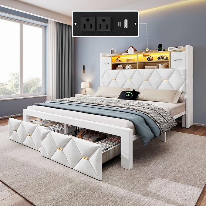 YITAHOME Full Size Bed Frame with 2 Storage Drawers and Storage Headboard, Upholstered Platform with Charging Station and LED Light, No Box Spring Needed, Noise Free, Easy Assembly, Velvet White