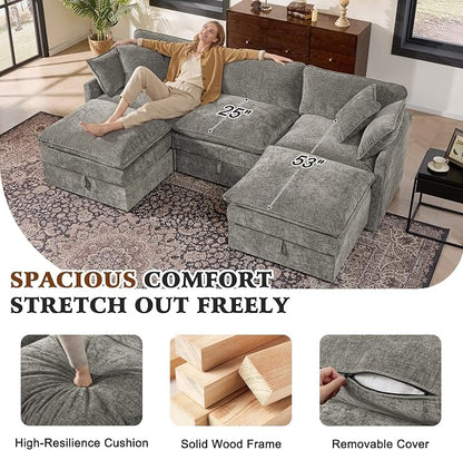 Ihanherry 103” Modular Sectional Sofa with Storage, U Shaped Cloud Couch with Movable Ottomans & 4 Pillows, Chenille Deep Seat Sectional Couches for Living Room, Apartment (Grey)