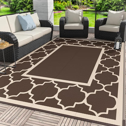 GENIMO Outdoor Rug 8' x 10' Patio Waterproof, Foldable Reversible Plastic Straw Area Rugs Mat for Camper Decor, Outside Carpet for Rv, Deck, Porch, Picnic, Beach, Balcony, Coffee & Beige