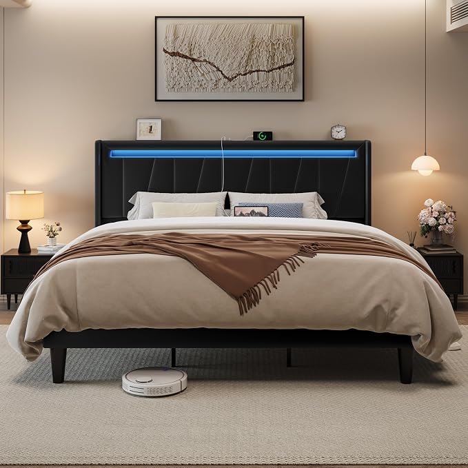 Allewie King Size LED Bed Frame with Charging Station, Velvet Upholstered Platform Bed with Geometric Wingback Headboard, Modern Frame with No Box Spring Needed, Easy Assembly, Black