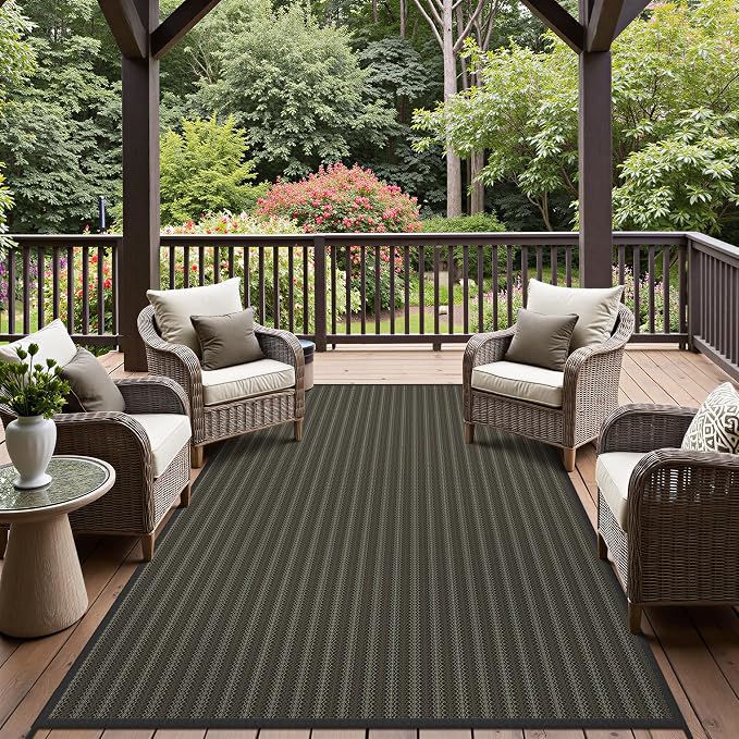 GENIMO Outdoor Rug for Patio Clearance, 9'x12' Reversible Plastic Straw Rugs, Lightweight Waterproof RV Camping Mat for Camper, Balcony, Deck, Backyard, Picnic, Black & Brown
