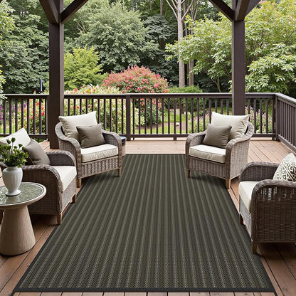 GENIMO Outdoor Rug for Patio Clearance, 8'x10' Reversible Plastic Straw Rugs, Lightweight Waterproof RV Camping Mat for Camper, Balcony, Deck, Backyard, Picnic, Black & Brown