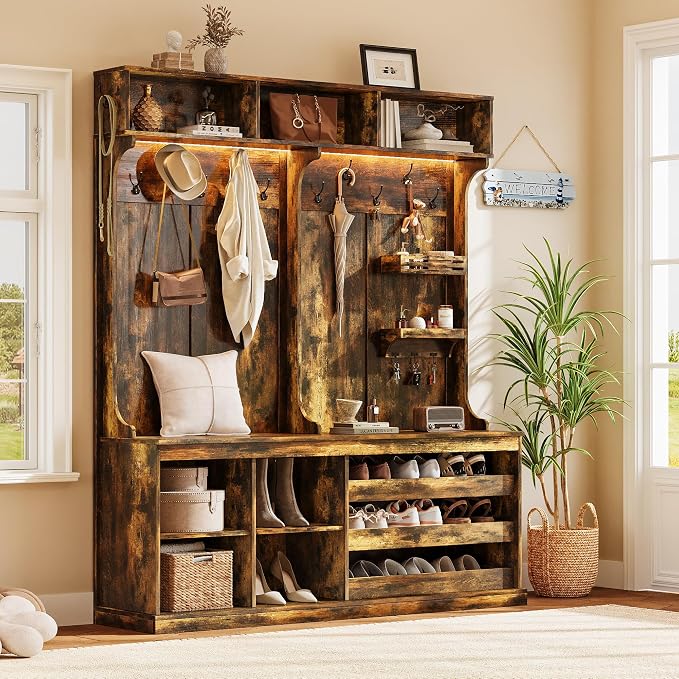 iPormis 70“ Large Hall Tree with Bench and Adjustable Storage Shelves, 6-in-1 Farmhouse Entryway Bench w/Coat Rack, Top Storage, Small Shelves for Entryway, Living Room, Led Lights, Rustic Brown