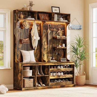 iPormis 70“ Large Hall Tree with Bench and Adjustable Storage Shelves, 6-in-1 Farmhouse Entryway Bench w/Coat Rack, Top Storage, Small Shelves for Entryway, Living Room, Led Lights, Rustic Brown