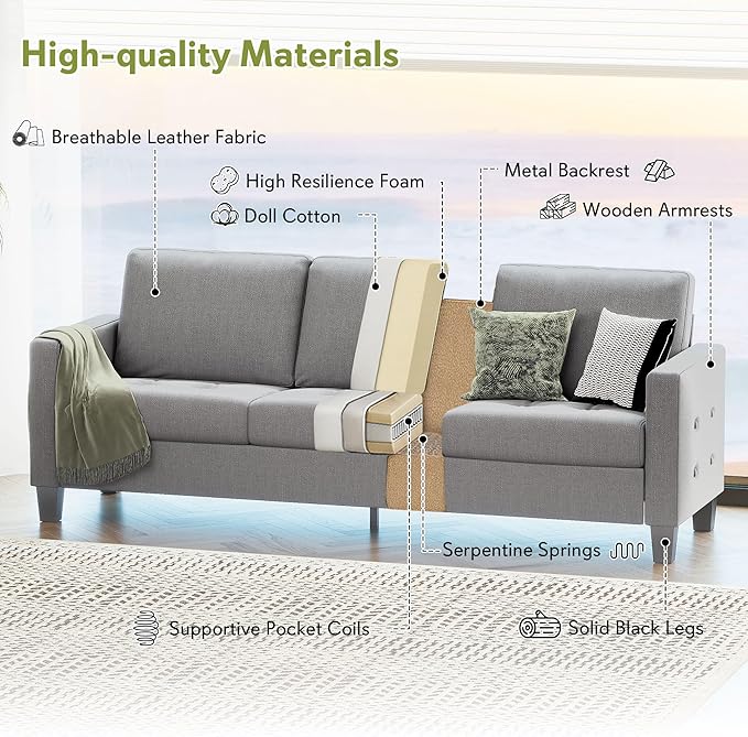STHOUYN 73" W 3 Seater Couch with USB Ports, Grey Comfy Sofa Couches for Small Spaces, Mid Century Modern Couch Loveseat for Living Room, Bedroom, Apartment (Light Grey)