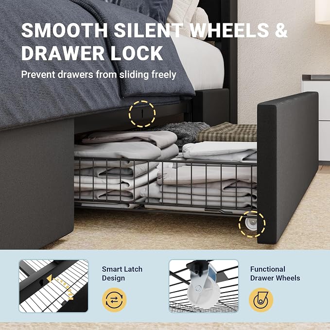 Allewie Full Size Velvet Bed Frame with 3 Storage Drawers, Upholstered Platform Bed with Wingback Storage Headboard and USB Ports, No Box Spring Needed, Easy Assembly, Black