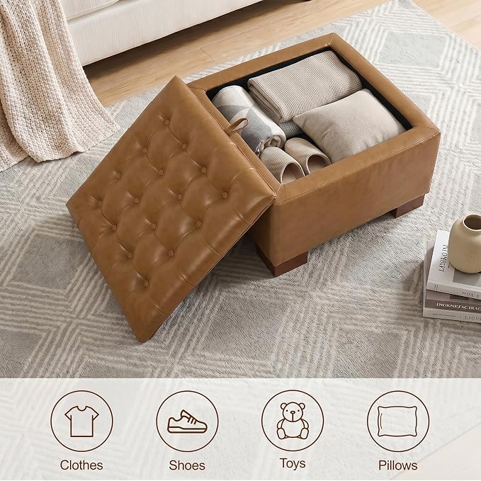 24 Inch Square Storage Ottoman Coffee Table, Modern Tufted Upholstered Ottoman with Flip Tray and Solid Wood Legs, Suitable for Living Rooms, Faux Leather Brown