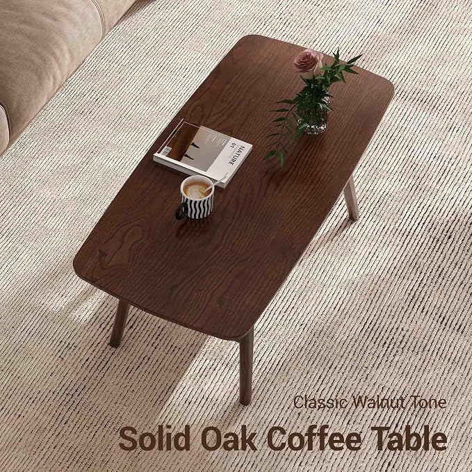 100% Solid Wood Coffee Table for Living Room, 39.37" Mid Century Modern Tables with Shelf Storage, 2-Tier Coffee Table with Rounded Corners (Oak Wood Walnut Color, 39.37" L)