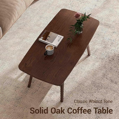 100% Solid Wood Coffee Table for Living Room, 39.37" Mid Century Modern Tables with Shelf Storage, 2-Tier Coffee Table with Rounded Corners (Oak Wood Walnut Color, 39.37" L)