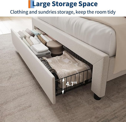 GarveeHome Twin Size Bed Frame with Storage Headboard and Charging Station, Upholstered Platform Bed Frame with Drawers, Heavy Duty, No Box Spring Needed, Easy Assembly, Beige