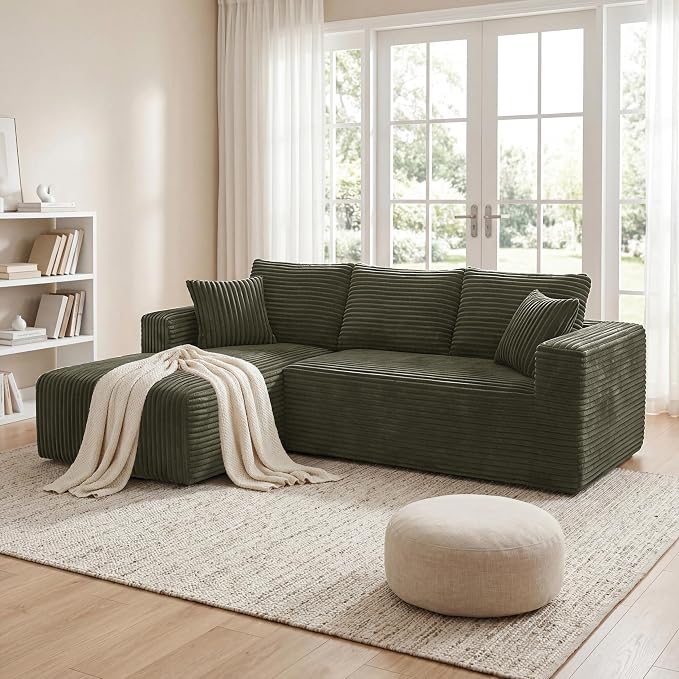 92.5" Boneless Couches for Living Room, L-Shaped Cloud Couch with Deep Seat & Chaise, Corduroy Modular Sectional Sofas for Living Room, No Need Assembly - Green(Left Facing Chaise)