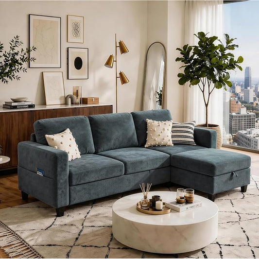 78" Sectional Sofa Couches for Living Room, Blue L Shaped Couch with Storage Ottoman, Deep Seat Pet-Friendly Velvet Fabric Sofa Set for Small Space, Apartment, Dorm