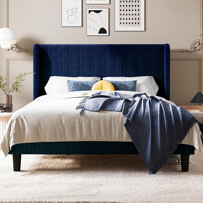 Allewie Full Size Bed Frame with Upholstered Wingback Headboard, Vertical Channel Tufted Corduroy Velvet Platform Bed, Strong Wooden Slats Support, No Box Spring Needed, Easy Assembly, Dark Blue