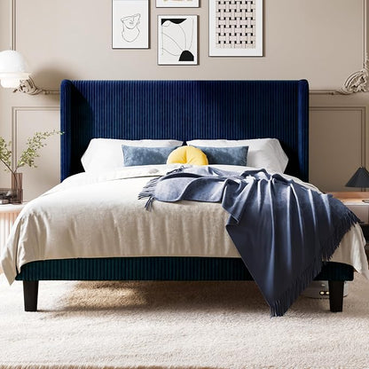 Allewie Full Size Bed Frame with Upholstered Wingback Headboard, Vertical Channel Tufted Corduroy Velvet Platform Bed, Strong Wooden Slats Support, No Box Spring Needed, Easy Assembly, Dark Blue