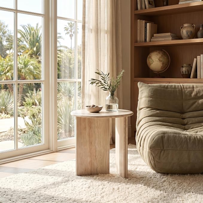 DUOMAY Coffee Table and End Table Set of 2 Modern Round Nesting Coffee Table Faux Marble Side Table Wooden Beige Travertine Finish for Living Room, Reception Room, Home Office